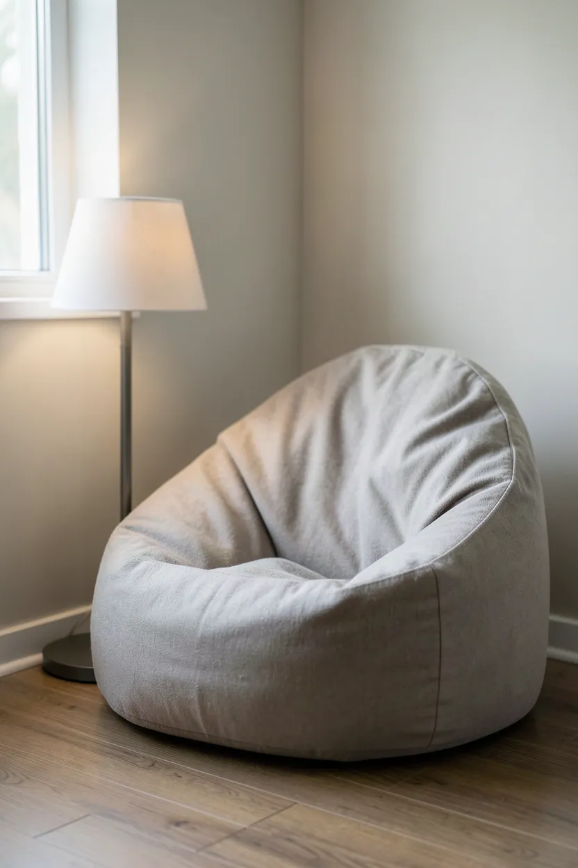 Structured adult bean bag in warm grey fabric tucked into a small bedroom corner with a matte floor lamp — portable no-drill reading nook for renters