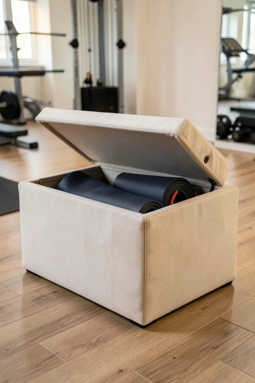 Neutral upholstered storage ottoman in a small home gym doubling as a step-up platform — multi-purpose furniture for compact workout spaces