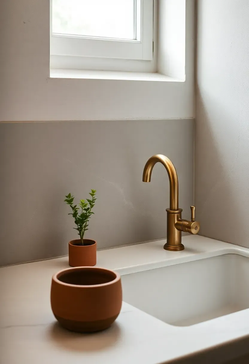 venetian plaster backsplash in warm gray behind a kitchen sink with unlacquered brass faucet and marble counter