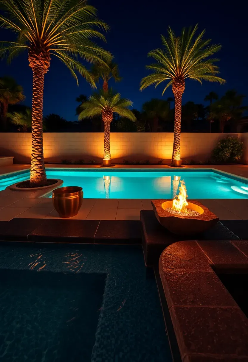 Pool area at night with dramatic landscape lighting including underwater pool lights, uplighting on palms, path lights, and glowing fire bowls