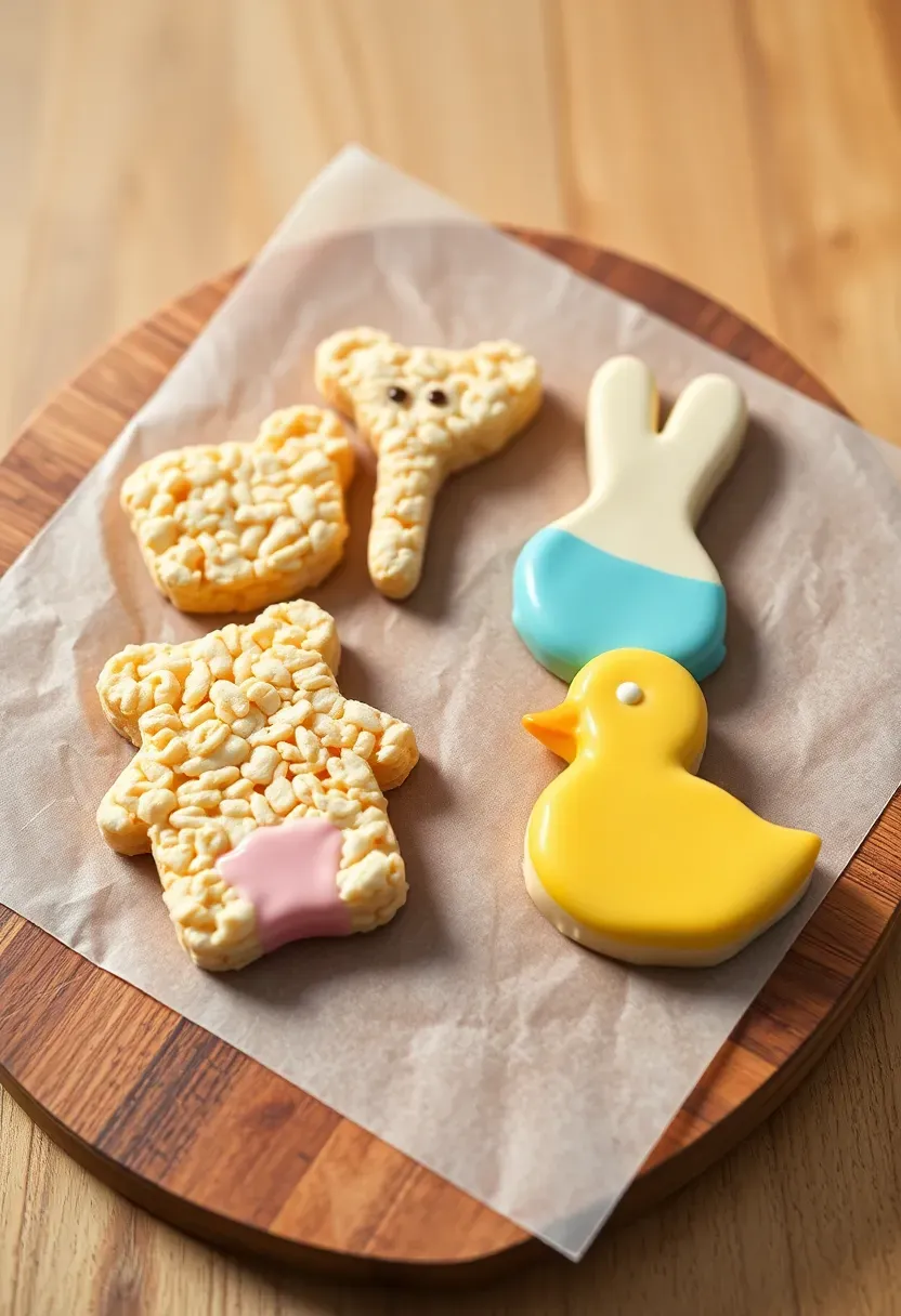 rice crispy treats shaped into baby animal forms including bears elephants and bunnies dipped in pastel candy melts on a wooden serving board