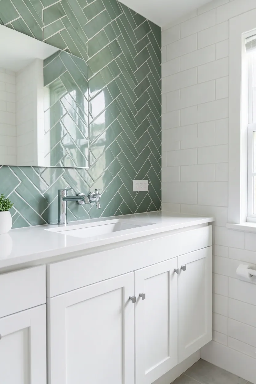 Hyper-realistic eye-level photograph of a modern green bathroom vanity backsplash showing sage green subway tiles arranged in herringbone pattern, white vanity cabinet with white quartz countertop, chrome faucet, white subway tile walls. Natural light. Materials: sage green ceramic subway tiles, white quartz, chrome fixtures. Sophisticated herringbone pattern. Elegant green detail. No text, no logos, no watermarks.</p>