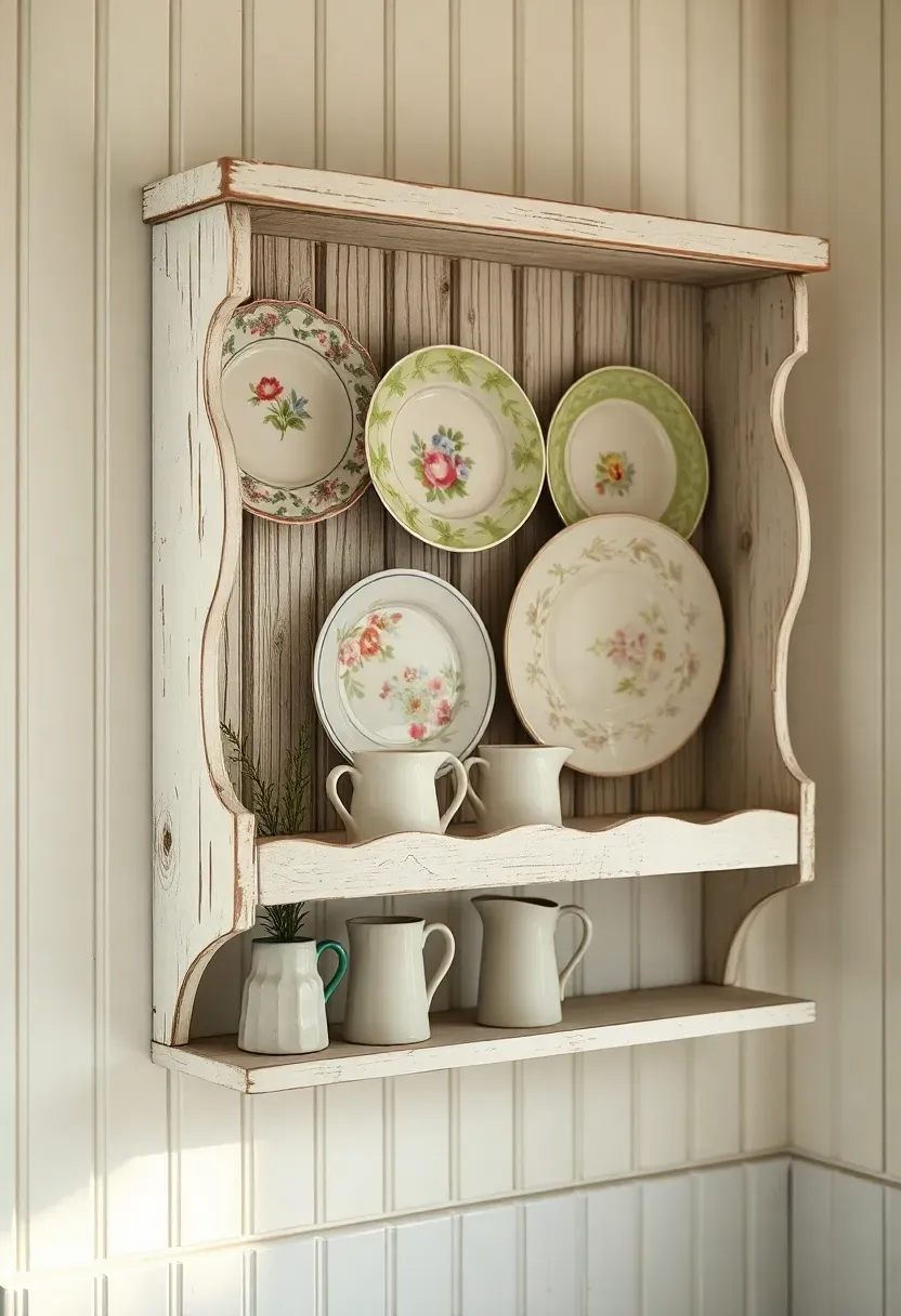 Distressed wall-mounted plate rack shelf in antique white displaying vintage floral plates and small ceramic pitchers