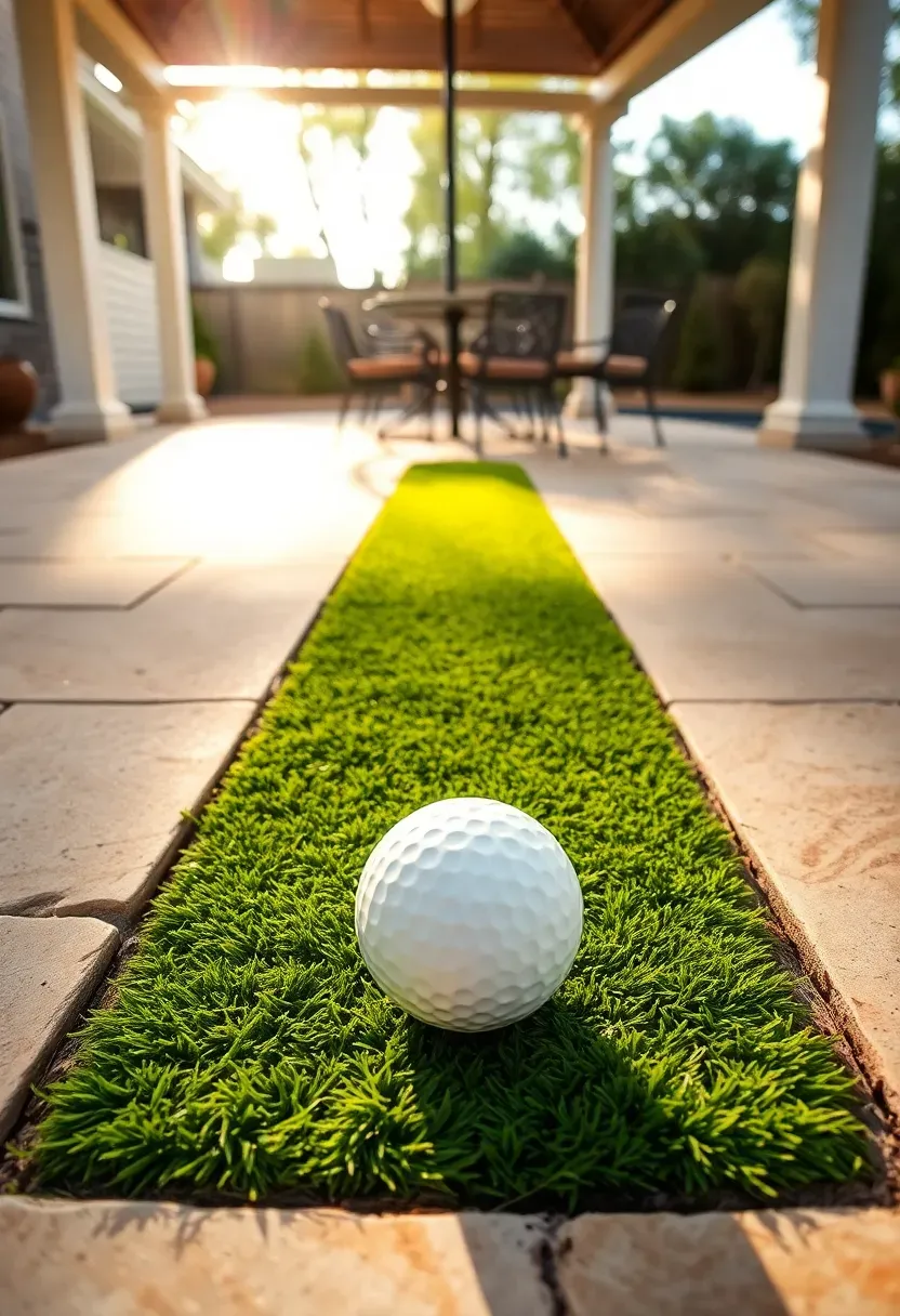 Narrow strip of putting turf integrated into a stone patio between a dining area and garden border