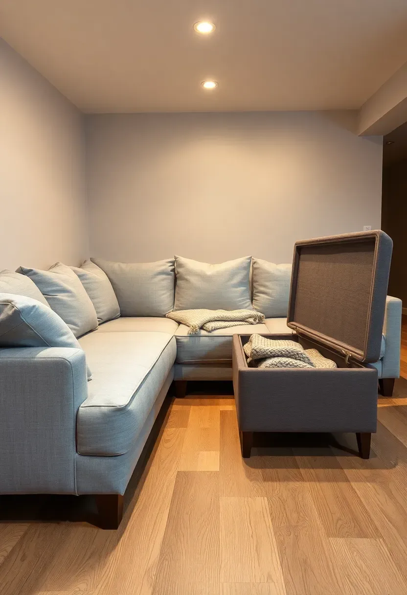 Compact modular sofa in a basement apartment configured in an L-shape with removable covers and storage ottomans