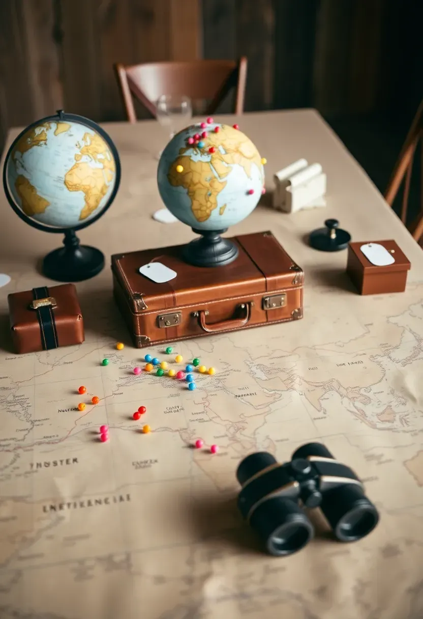 adventure map themed baby shower with globe centrepiece compass details and brown paper map runner