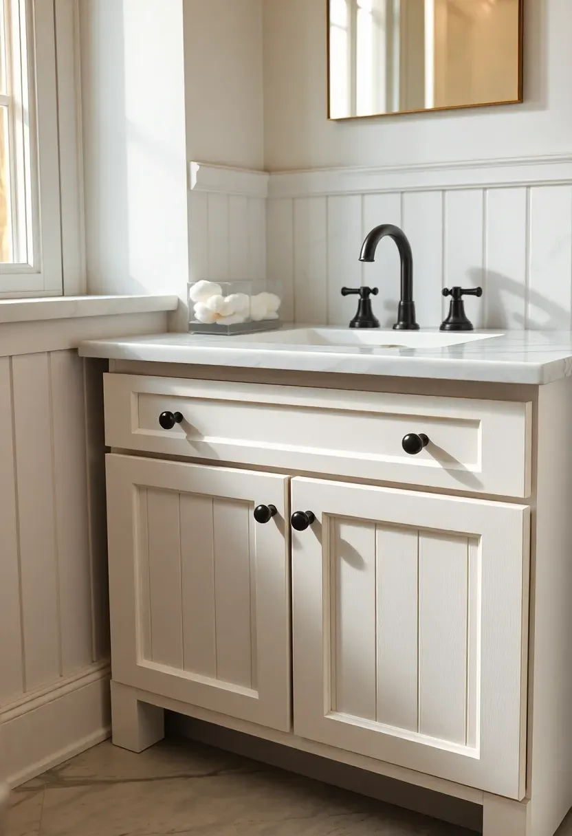 Classic white shaker-style bathroom vanity with black iron knobs and a marble countertop