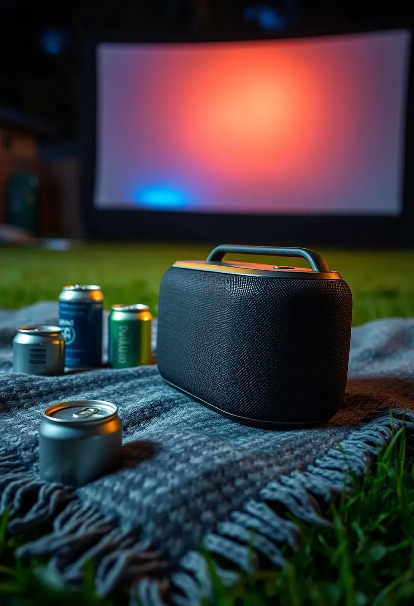 A portable Bluetooth soundbar placed on a blanket in a backyard movie setup with the projector screen visible behind it