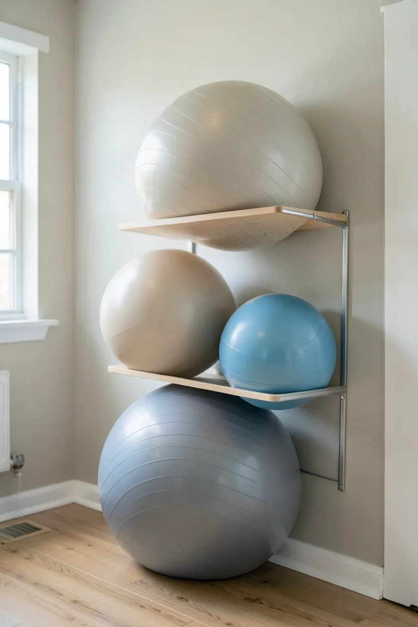 Blue stability ball resting in a wall-mounted bracket cradle in a compact home gym — organized off-floor storage for small workout spaces