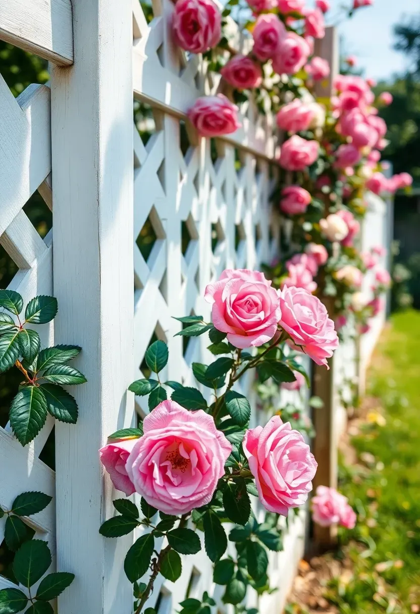 A white painted lattice screen covered in blooming pink climbing roses along a backyard fence line