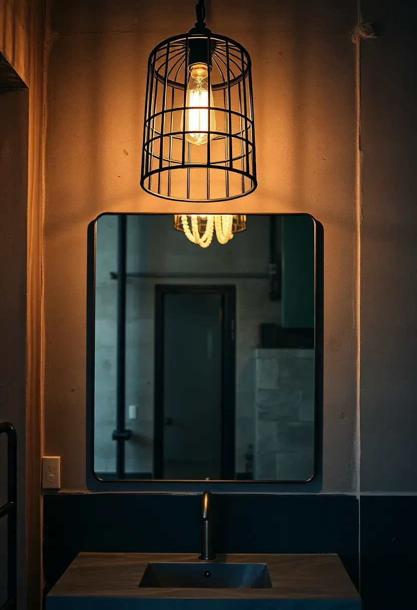 Black metal cage fixture with exposed Edison bulb above a steel-framed mirror in an industrial loft bathroom with concrete walls