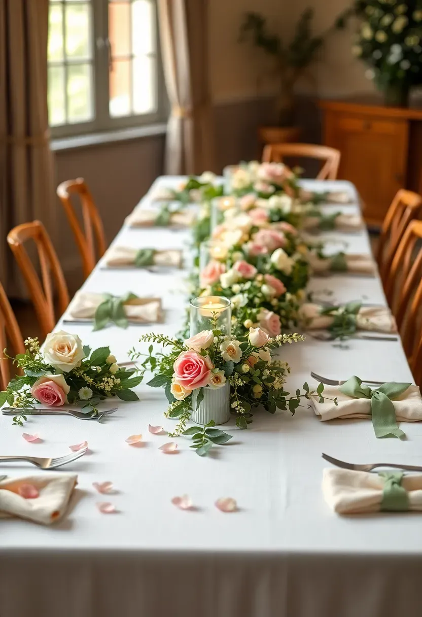 Floral garland table runner with garden roses, sweet peas, and ribbed glass tea lights for baby shower