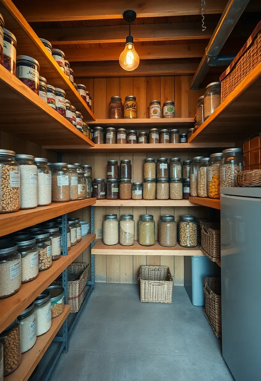 Open pantry shelving in a basement with rows of canned goods, glass jars of dry goods, and labeled baskets on sturdy wooden shelves