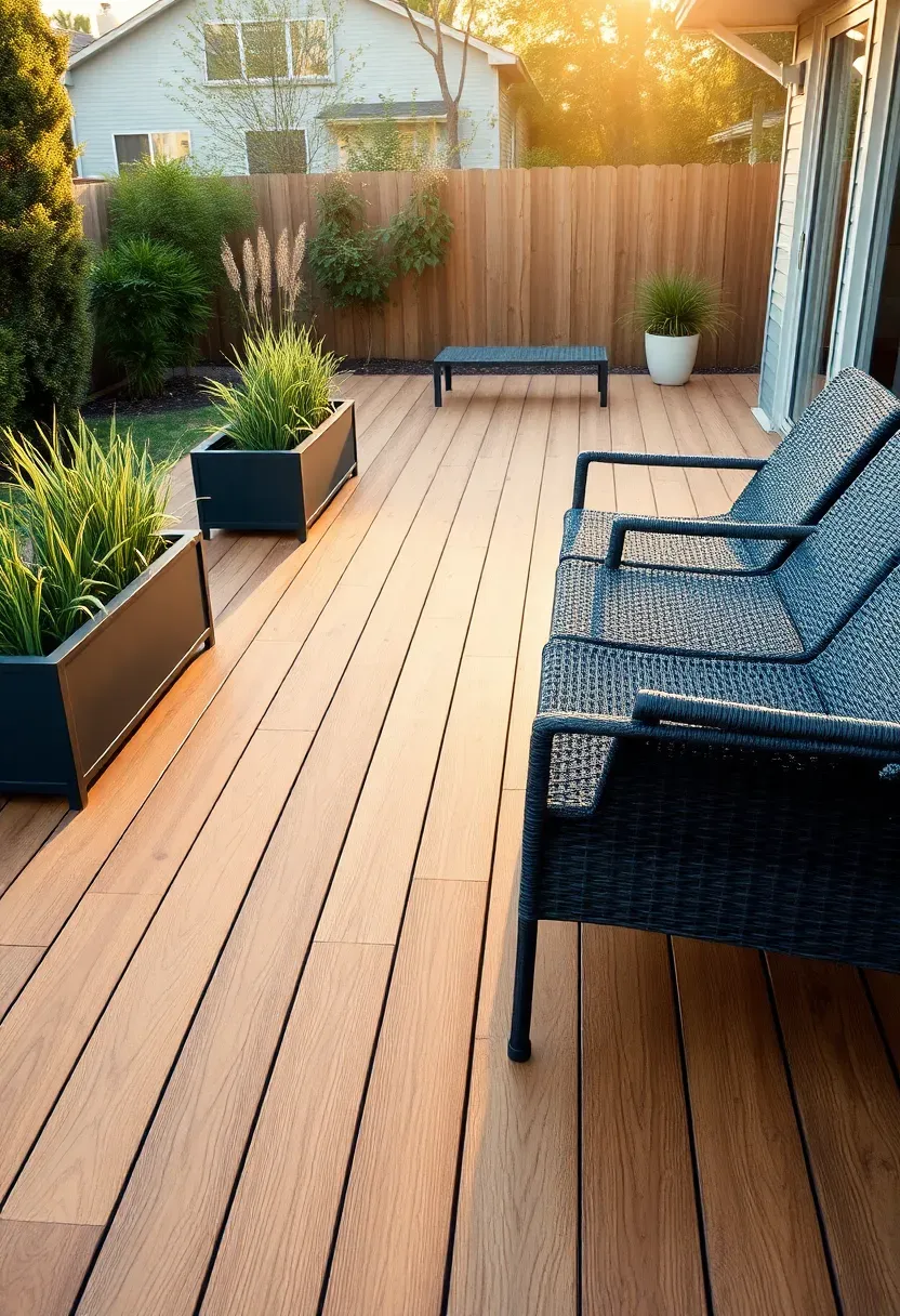 A composite deck in a modern backyard with built-in planters and contemporary outdoor seating