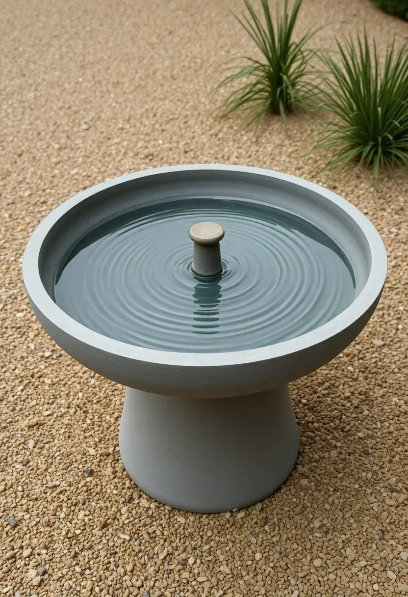 A shallow concrete bowl fountain on a tapered concrete pedestal with water rippling across the surface in a gravel garden