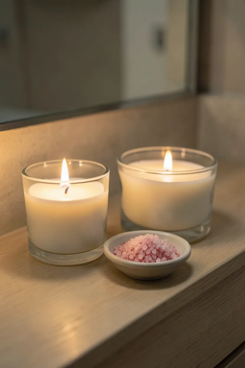 Glass-enclosed scented candles grouped in odd numbers on a bathroom vanity shelf, casting a soft warm glow in a cozy apartment bathroom for spa-like ambiance