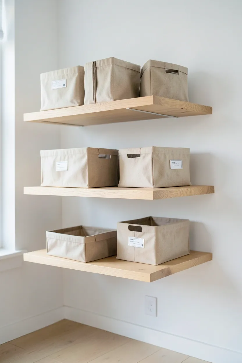 White floating shelves with labeled neutral bins storing gym accessories in an organized home workout room — clean modern storage for small apartment gyms