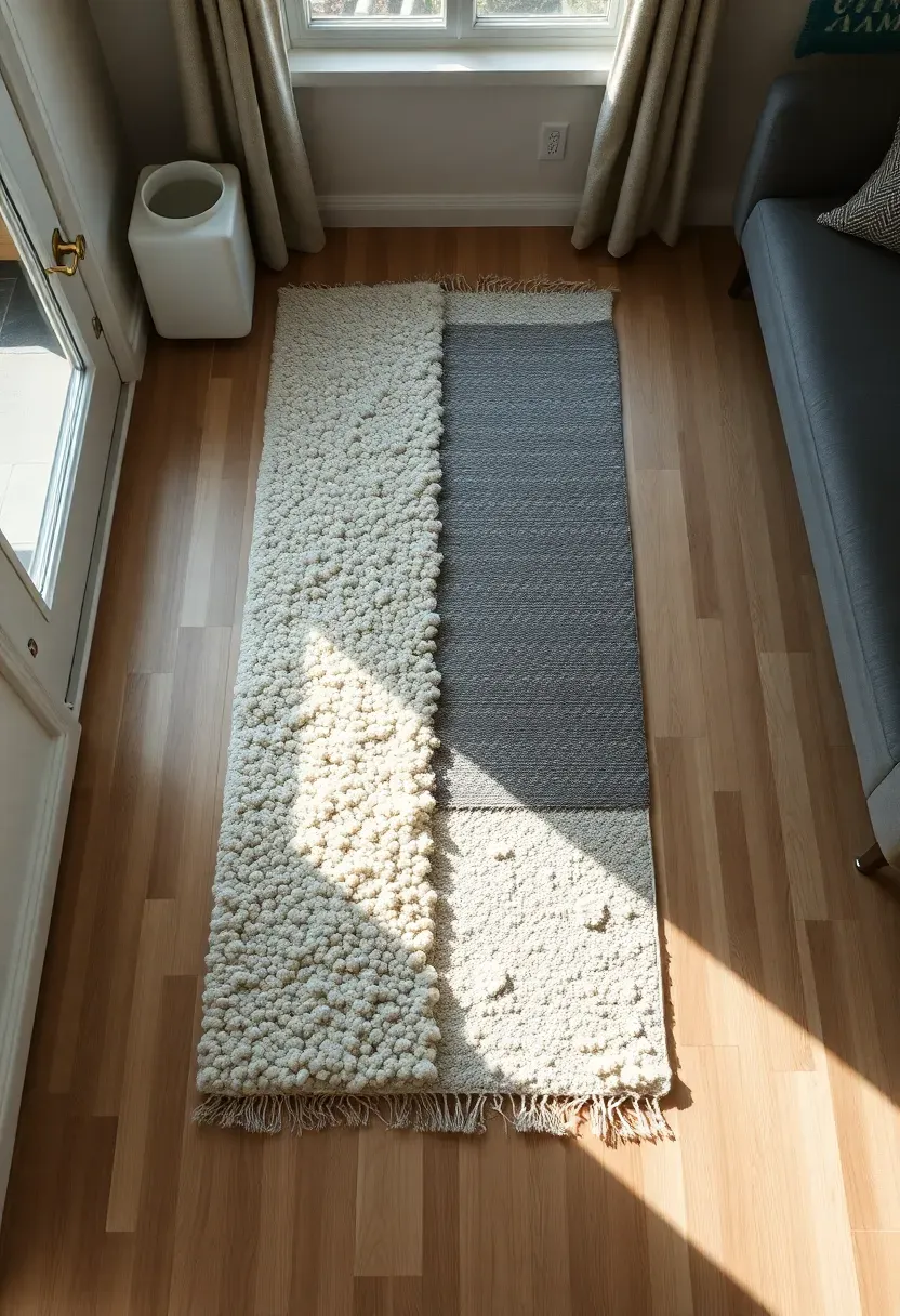 Hyper-realistic overhead view of tiny house living room showing layered rugs on light wood floor. Materials: chunky wool runner rug in cream, smaller geometric pattern rug in warm gray, light oak wide-plank flooring, simple modern furniture legs visible at edges. Soft natural light from window, cozy hygge-inspired minimalist aesthetic with neutral warm tones. Textural focus on rug fibers and wood grain. Shallow depth of field, sharp details on rug textures and floor patterns, visible tiny house scale with furniture placement. No text, no logos, no watermarks.</p>