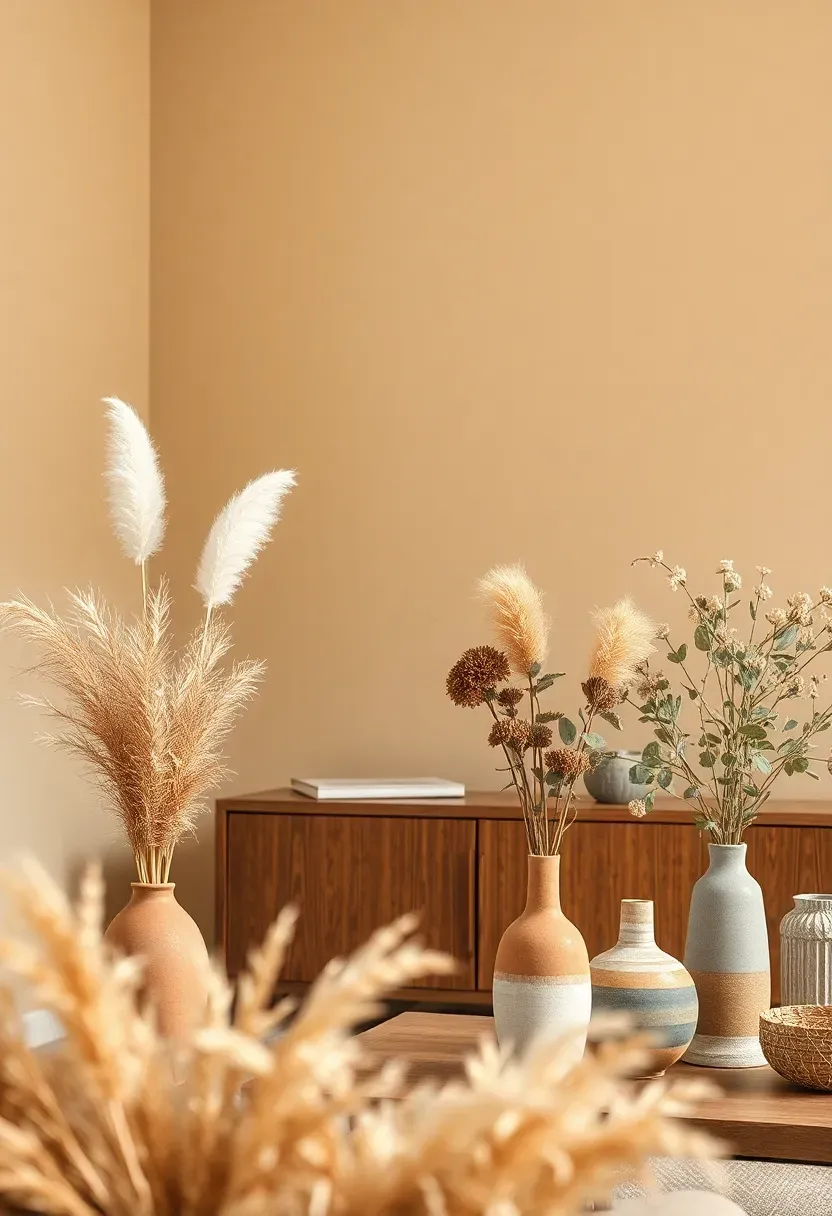 Hyper-realistic 3/4 view of an earthy boho living room showing dried floral arrangements—large terracotta vase with tall pampas grass plumes creating vertical softness, smaller vases with dried bunny tail grass, preserved eucalyptus branches, and dried straw flowers. Wooden console, warm wall. Materials: fluffy pampas grass plumes in cream and soft blush tones, bunny tail grass in golden tan, preserved eucalyptus with green-gray leaves, dried straw flowers, terracotta and ceramic vases with natural variation, wood console, warm cream walls. Natural daylight showing beautiful soft textures and subtle colors of dried botanicals. Low-maintenance natural beauty. Shallow depth of field showing floral arrangements foreground with room context beyond. No text, no logos, no watermarks.</p>