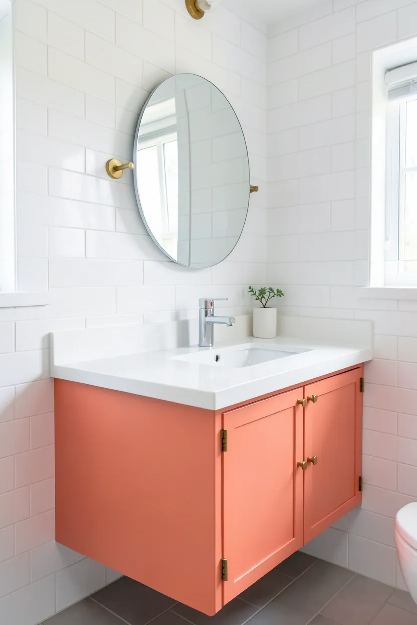 Hyper-realistic eye-level photograph of a modern colorful bathroom featuring coral vanity cabinet with brass hardware, white quartz countertop, white undermount sink, chrome faucet, white subway tile walls, small round mirror. Natural light. Materials: coral painted wood, brass hardware, white quartz, white ceramic sink, chrome fixtures, white ceramic tiles. Vibrant coral vanity with bright contrast. Clean modern aesthetic. No text, no logos, no watermarks.
