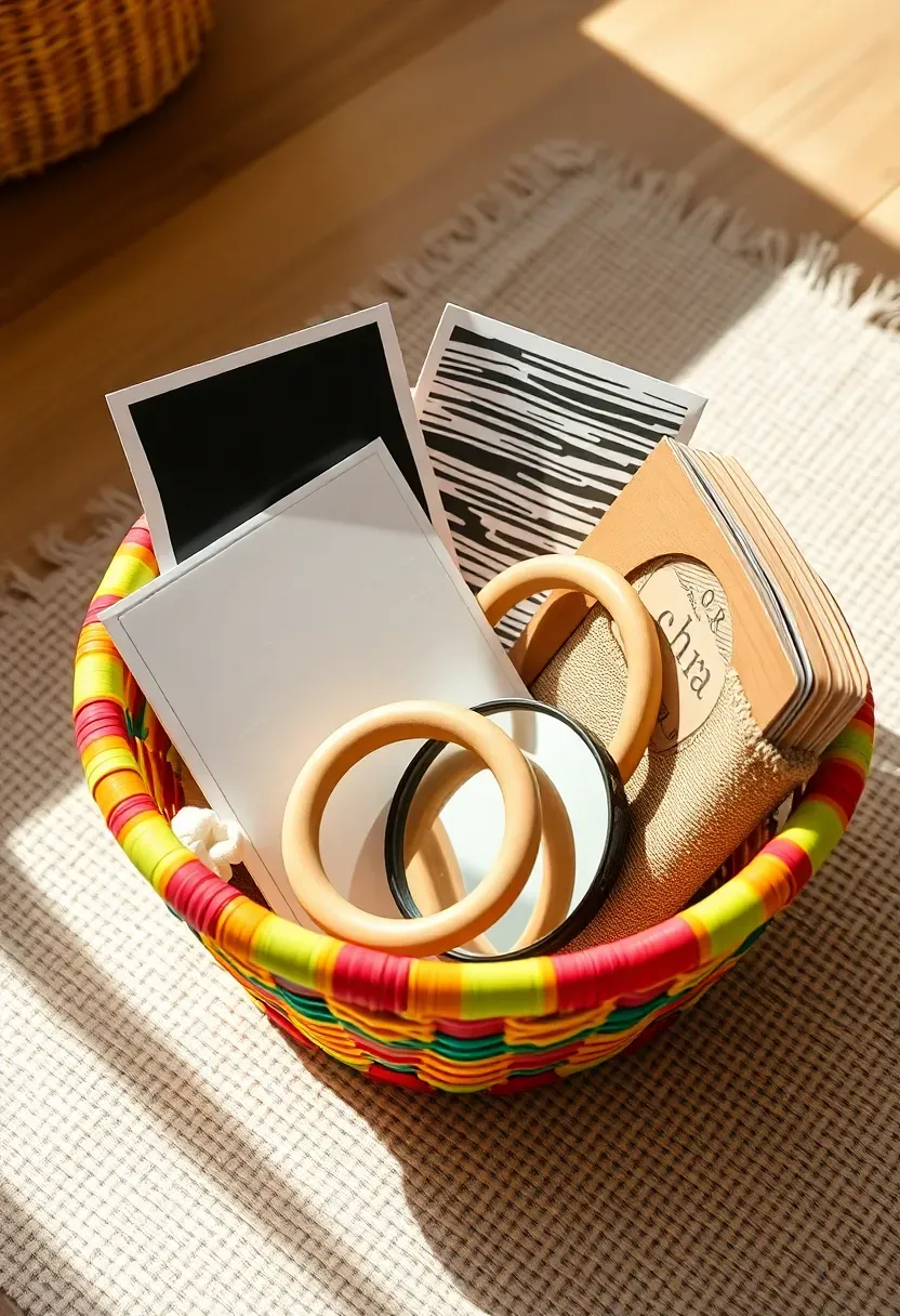 sensory play baby basket with textured fabric squares crinkle toys wooden rings and a soft mirror in a colorful woven basket