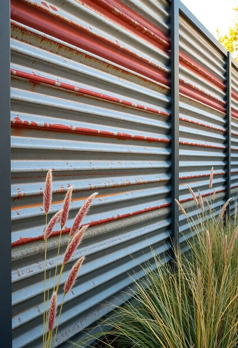 Corrugated metal privacy fence in a modern Texas backyard with horizontal metal panels, steel posts, and ornamental grasses planted at the base