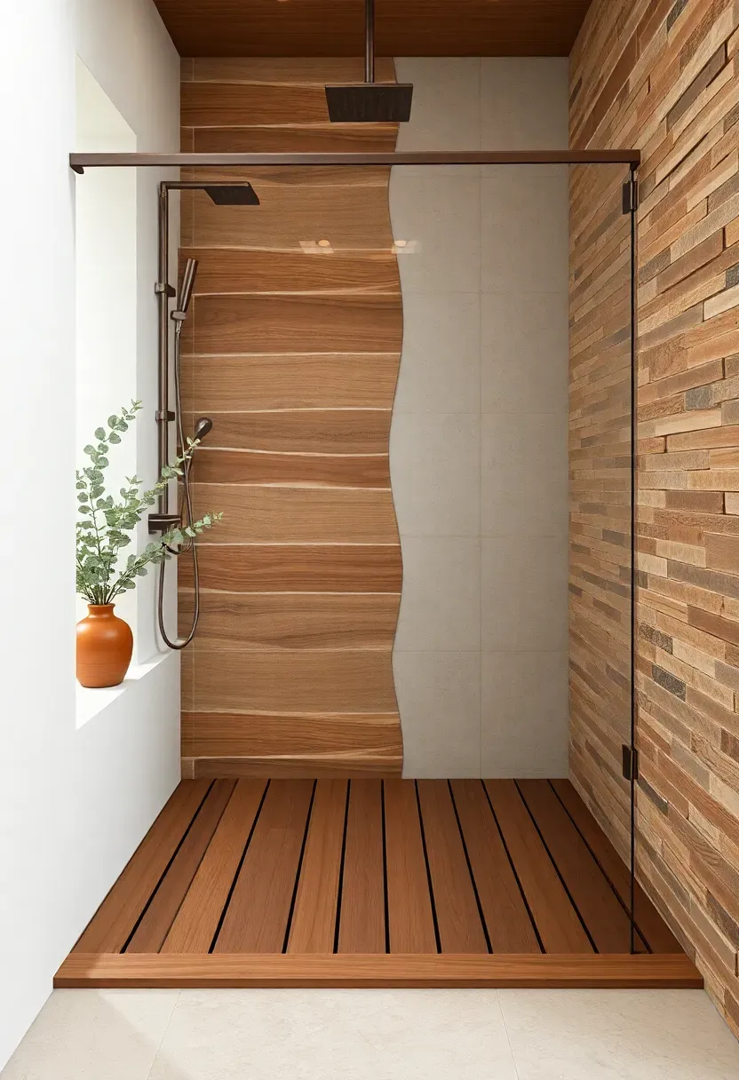Indoor shower with slatted teak wood floor, river stone wall, and brass fixtures inspired by outdoor showers