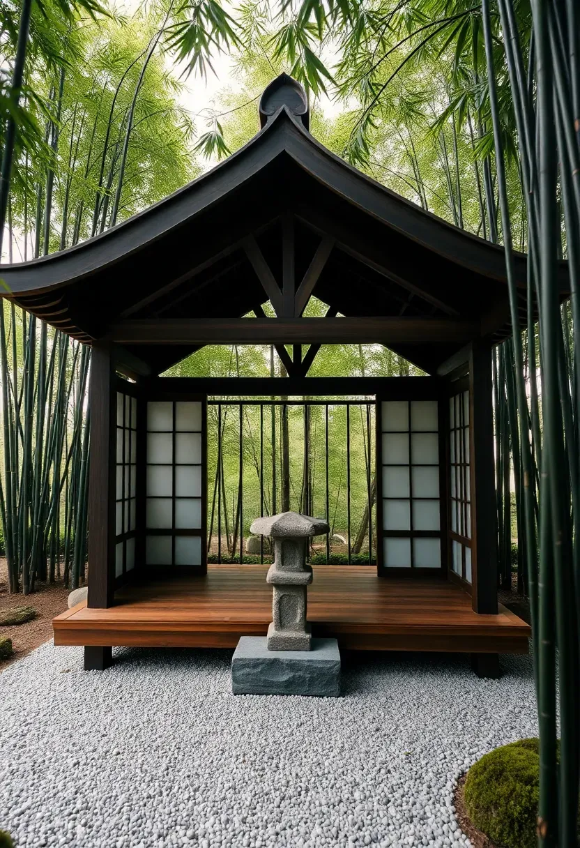 A small Japanese-inspired tea gazebo with a curved roof, low wooden platform floor, shoji screen panels, and a stone lantern beside the entrance surrounded by bamboo and gravel