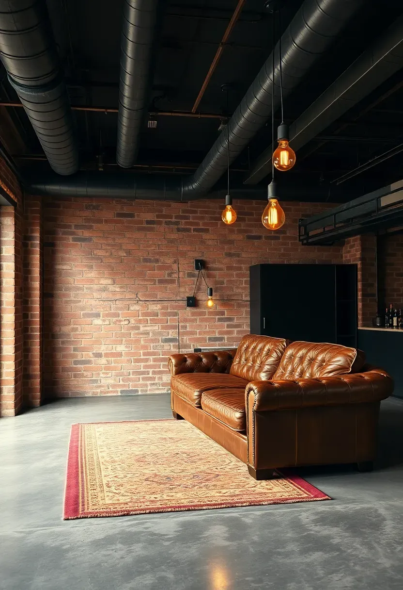 Industrial style finished basement with exposed brick walls, metal beam ceiling, polished concrete floor, and leather seating