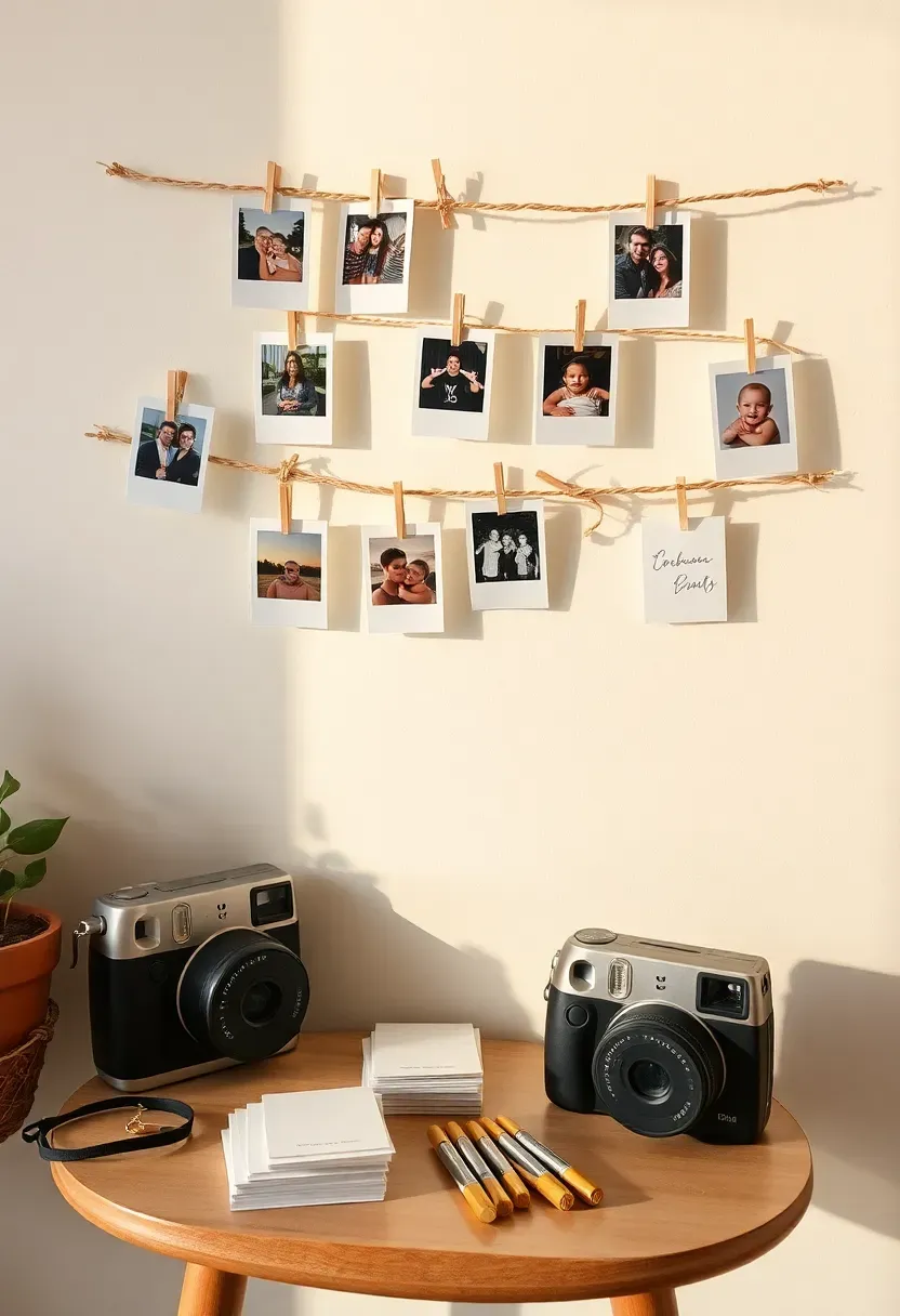polaroid guest book wall at a baby shower with instant photos pinned to a string with mini clothespins alongside handwritten notes