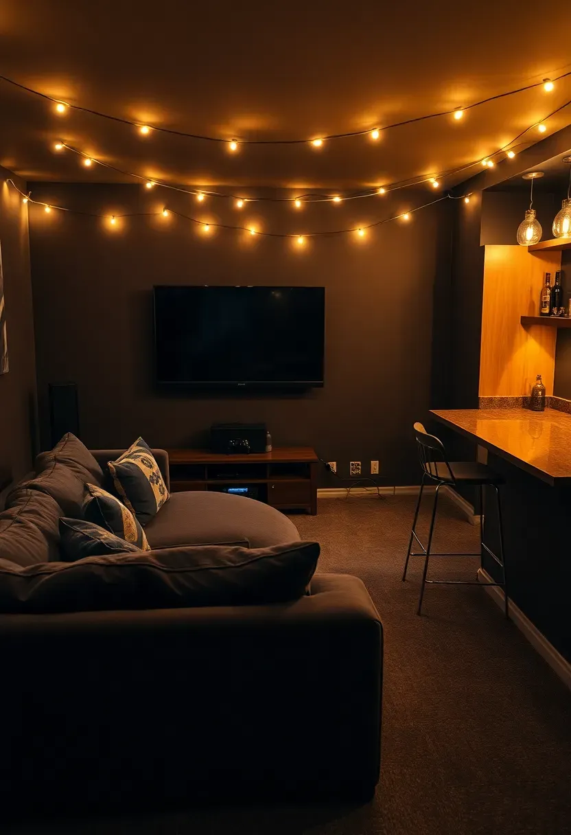 Basement teen hangout room with a large sectional couch, gaming console setup on a media wall, string lights along the ceiling, and a snack bar counter
