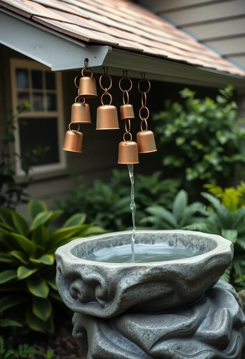 A copper rain chain descending from a roof gutter into a stone basin fountain in a shaded garden entry