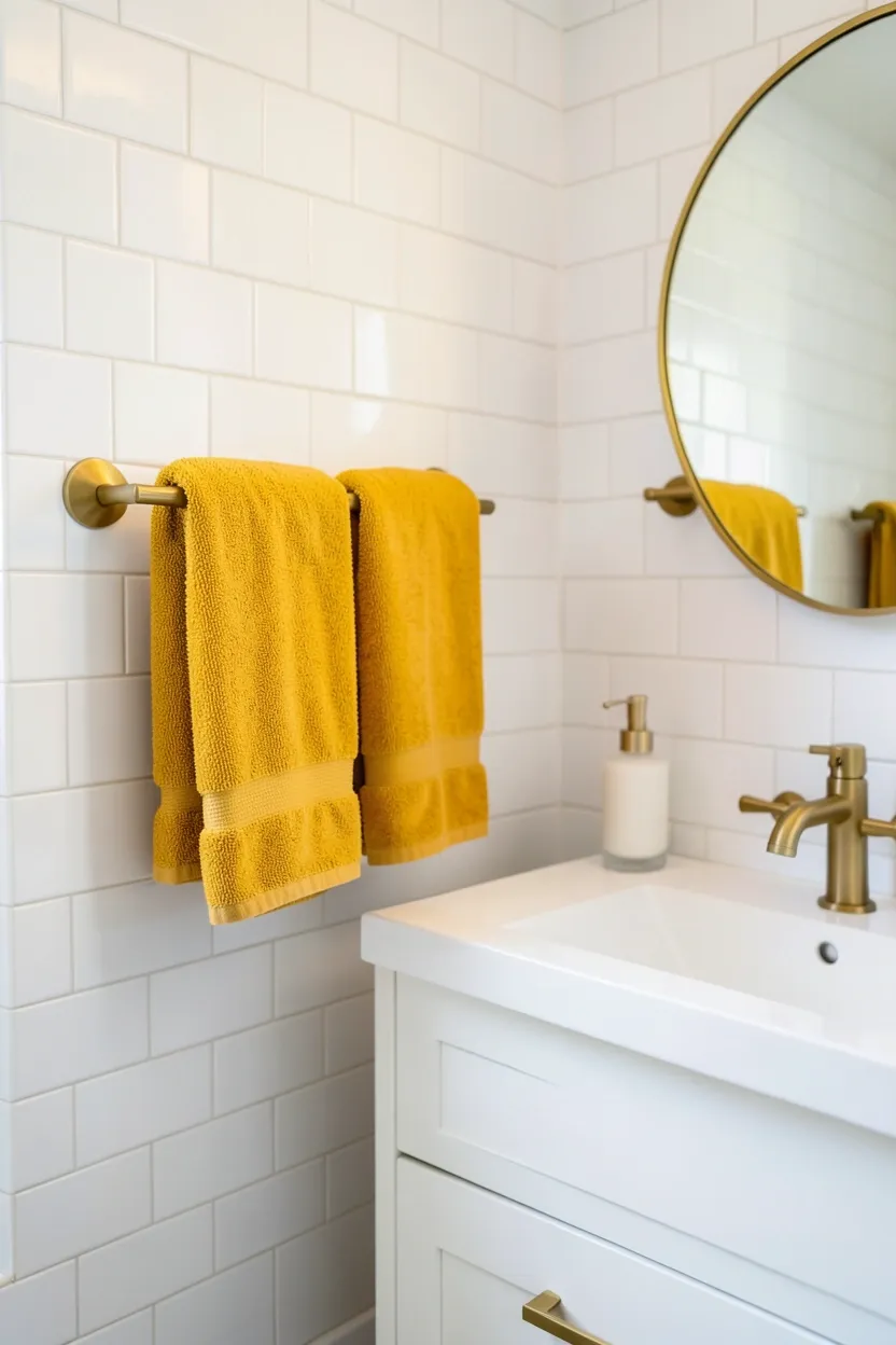 Hyper-realistic eye-level photograph of a modern colorful bathroom featuring brass towel rail holding three neatly folded mustard yellow towels, white subway tile wall background, white vanity with brass faucet, small round mirror. Natural light. Materials: mustard yellow cotton towels, brass rail, white ceramic tiles, brass fixtures, white wood. Vibrant yellow towel set. Cheery warm color. Clean modern aesthetic. No text, no logos, no watermarks.