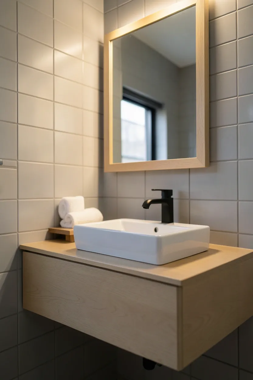 Large format travertine-look porcelain floor tiles in a neutral bathroom, affordable stone aesthetic on a budget