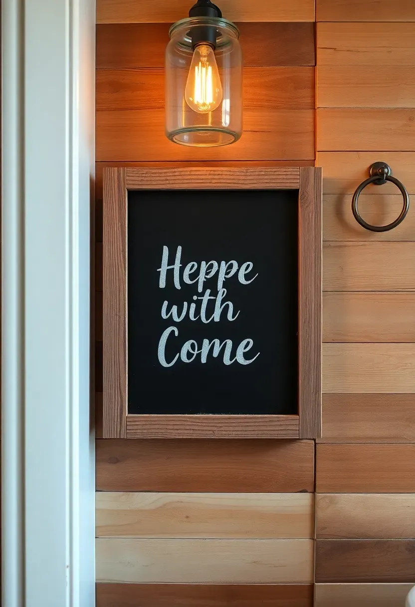 Small vintage-style chalkboard sign with hand-lettered bath house text in white chalk on a rustic bathroom wall with wood accents