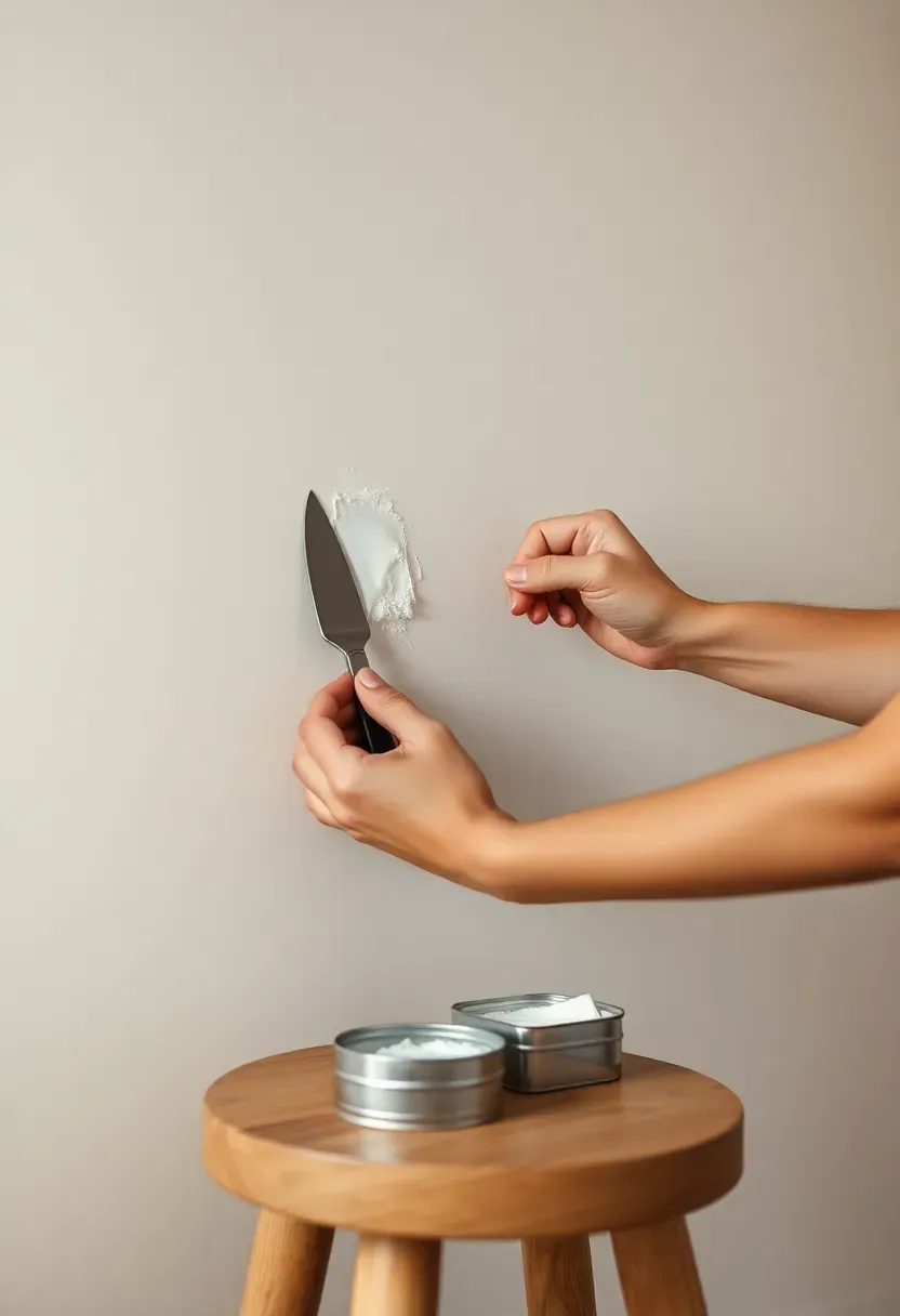 Close-up of hands filling a small wall nail hole with spackle and smoothing it flat before hanging new art