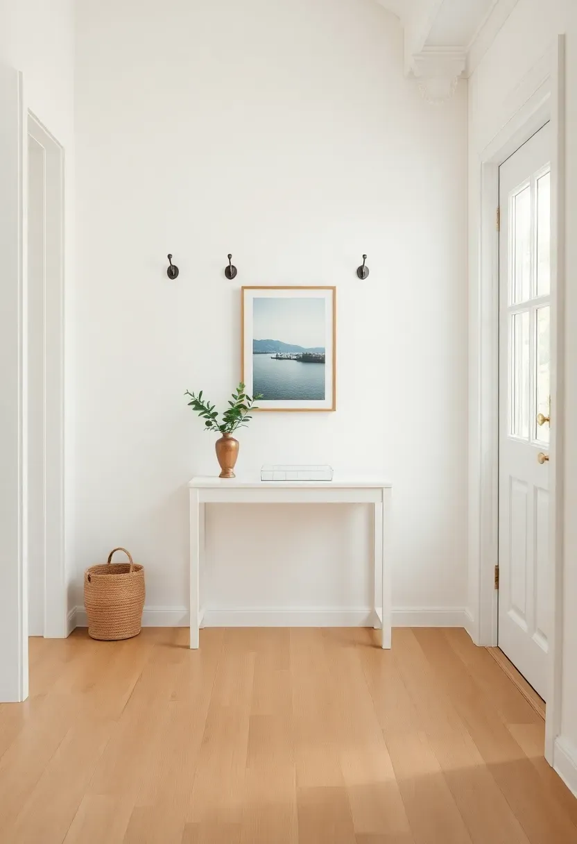 Hyper-realistic view of minimalist entryway with white wall featuring 4 wall hooks at varying heights, slim white console table with small tray for keys, one piece of artwork above, pristine light oak floor completely clear, natural light from door. Materials: white painted walls, oak console, metal hooks. Serene organized mood, zero floor clutter, shallow depth of field, no text, no logos.</p>