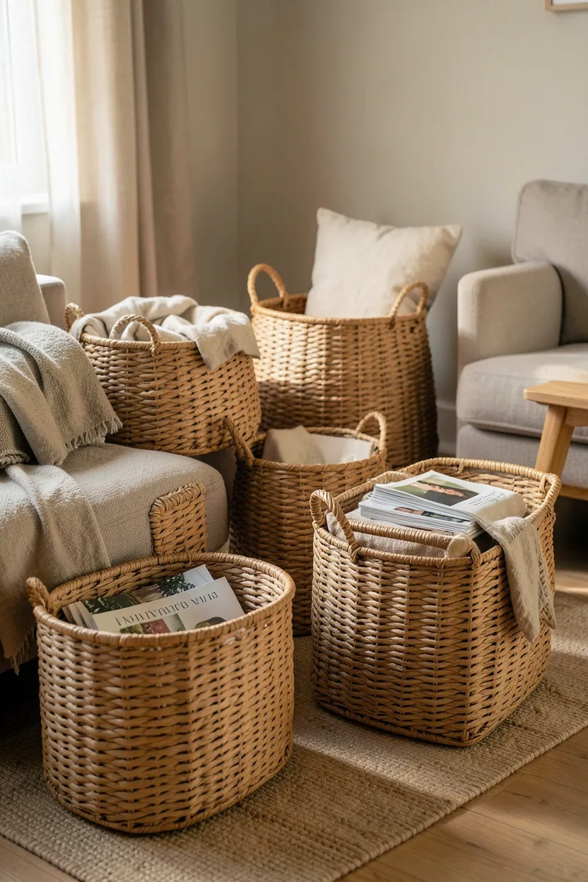Stacked seagrass and rattan woven baskets used as storage decor beside a vintage-style sofa in a rental living room