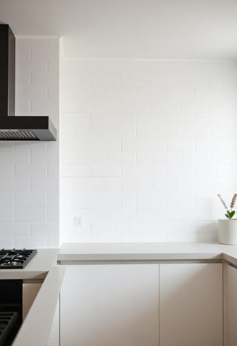 backsplash tile running floor-to-ceiling behind stove area with no visible trim where tile meets ceiling in minimalist kitchen