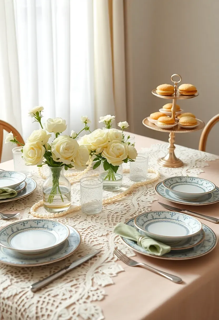 vintage lace and pearl baby shower table with antique china doilies and soft white flowers