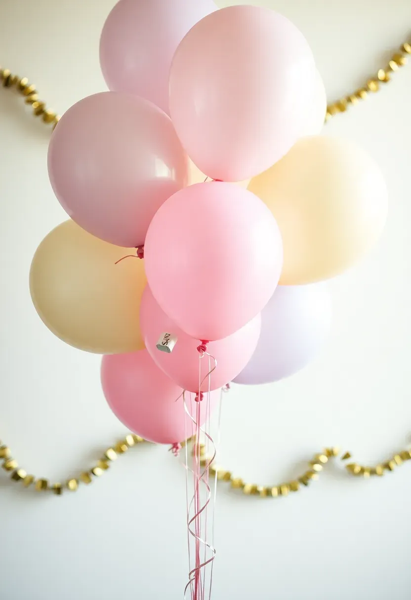 colorful helium balloons with trivia questions inside them being popped at a baby shower