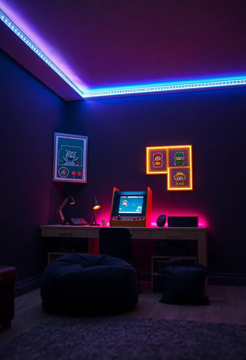 Retro arcade-themed boy bedroom with neon LED strips, a mini arcade cabinet, pixel art wall prints, and a gaming chair