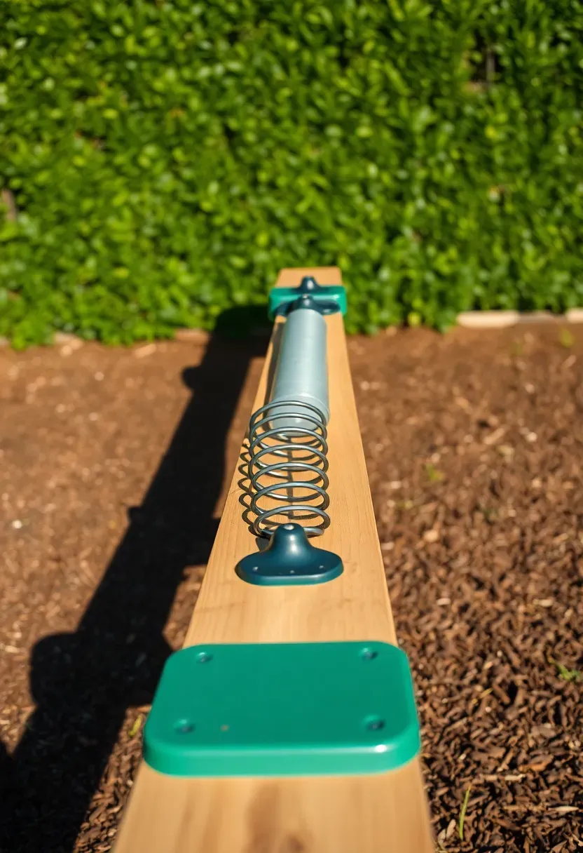 Modern wooden seesaw with spring pivot mechanism and comfortable molded seats, installed on rubber mulch in a backyard