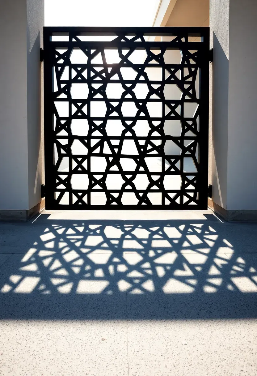 Contemporary laser-cut metal gate with an abstract geometric pattern casting intricate shadows on a concrete walkway