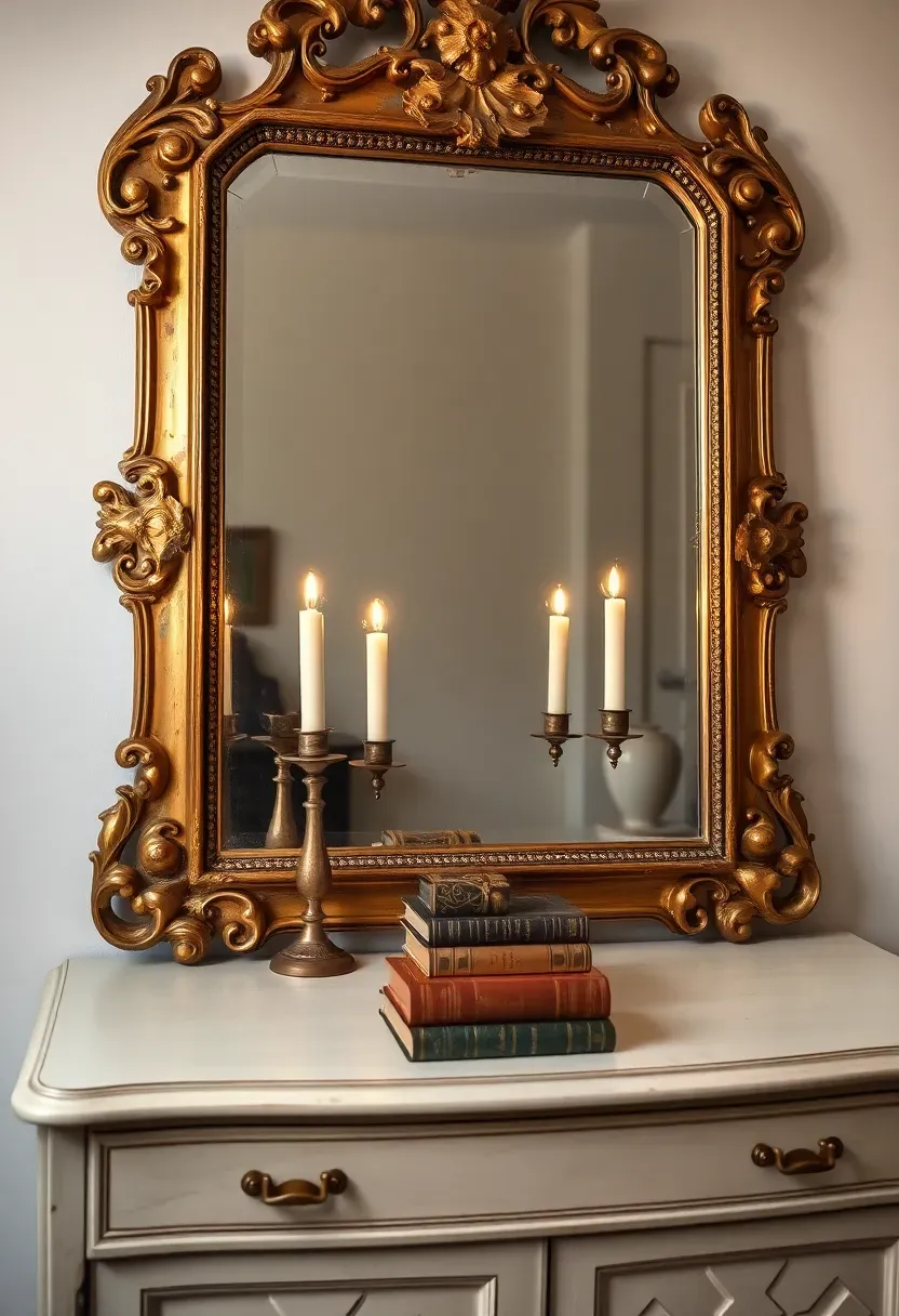 Large antique mirror with ornate gilded frame leaning against the wall behind a shabby chic sideboard with candles and stacked vintage books