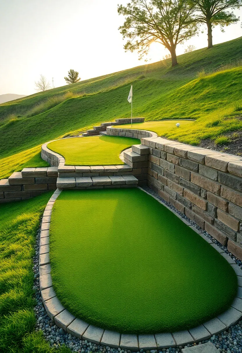 Tiered putting green built into a gentle hillside with two levels connected by stone steps and retaining walls