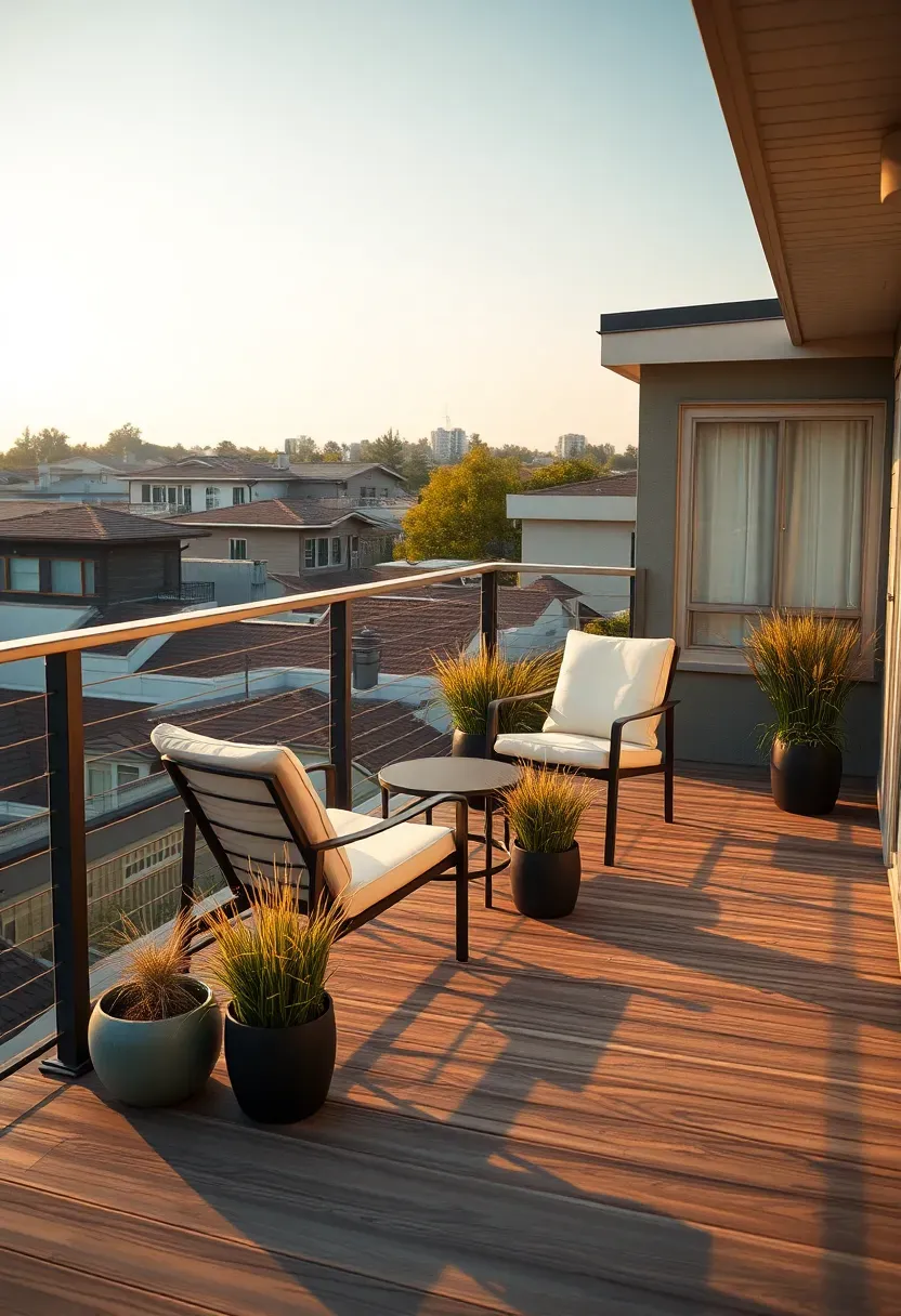 Attached garage with accessible rooftop deck featuring cable railing, outdoor seating, and potted plants