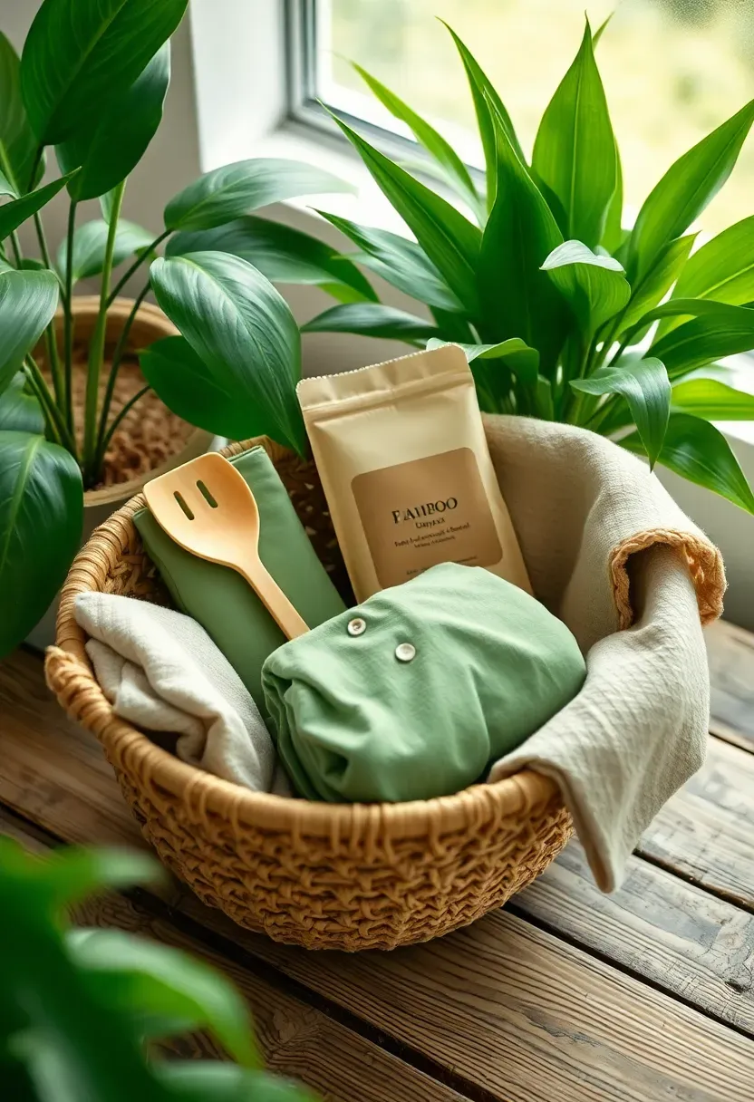 eco-friendly green baby basket with bamboo utensils reusable cloth diapers plant-based wipes and a recycled cotton blanket on a wooden surface