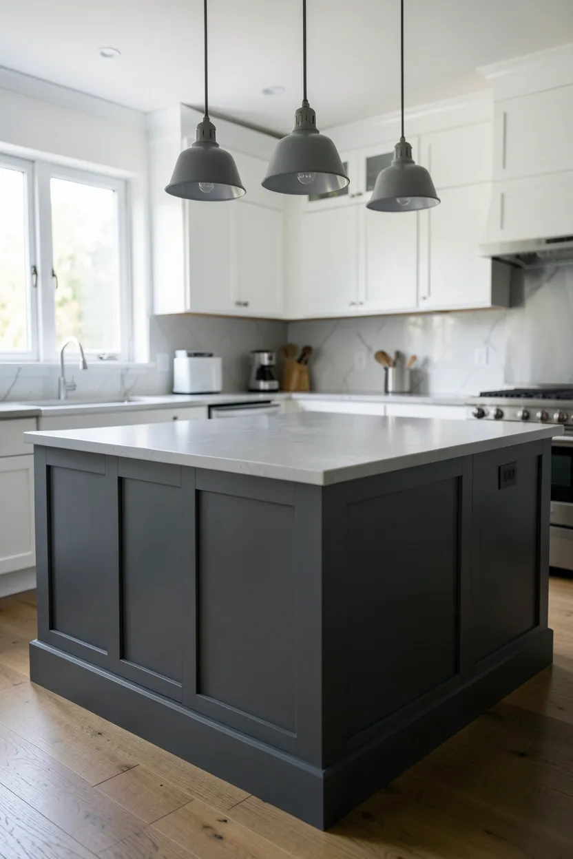 Dark gray kitchen island with white perimeter cabinets and bar stools in an open-concept modern apartment kitchen