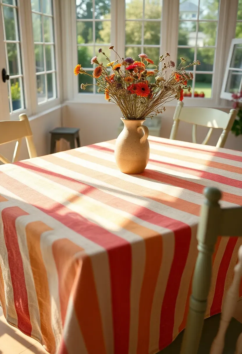 Sunroom dining table dressed with a colorful striped linen tablecloth, ceramic pitcher with wildflowers, mismatched vintage chairs, and bright natural light